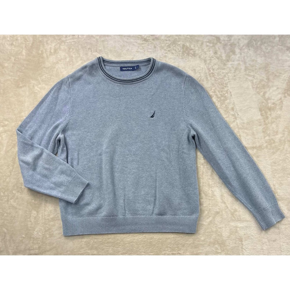 Nautica Mens Crewneck Sweater Light Blue Heather Long Sleeve Logo Size L